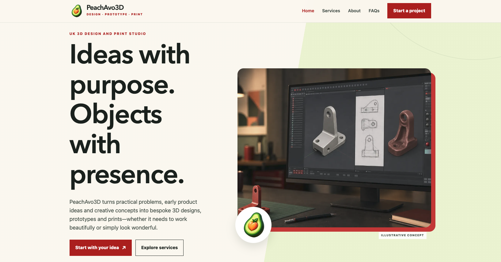 PeachAvo3D website showing 3D design and prototyping work